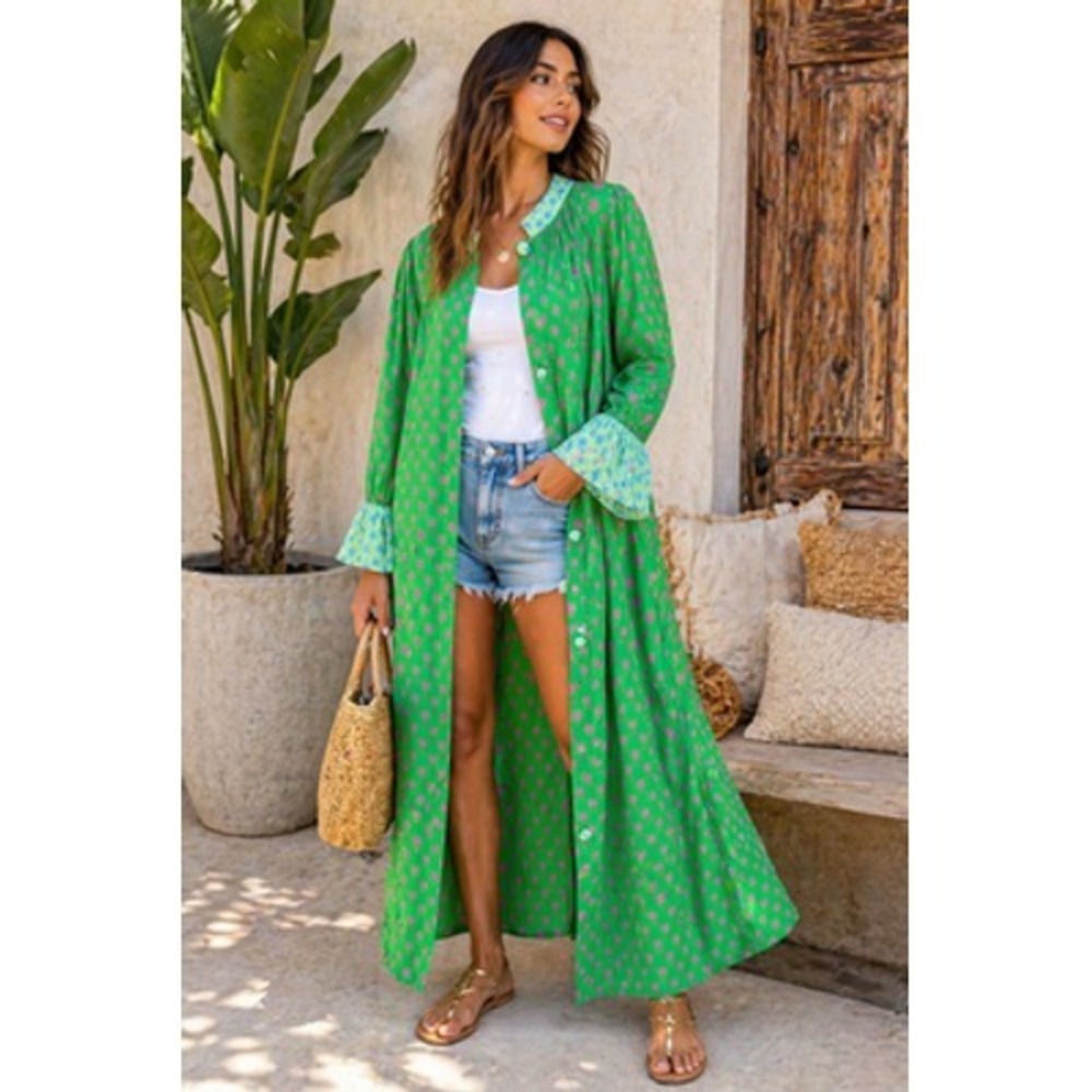 Celia B Kimono Womens M Green Hydra Sunburst Print Button Front Ruffle Cuff